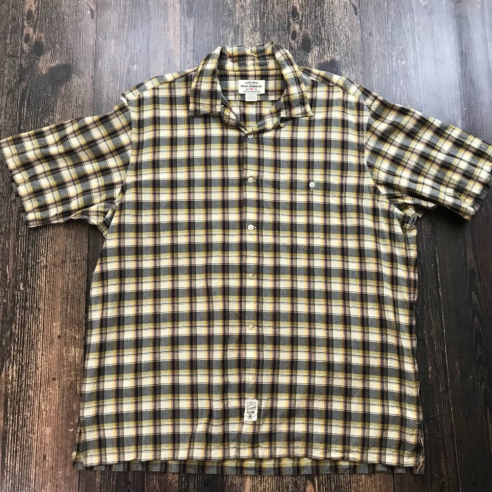 RALPH LAUREN Polo Plaid S/S Shirt Large Button Front Light Cotton Autumn Colors
